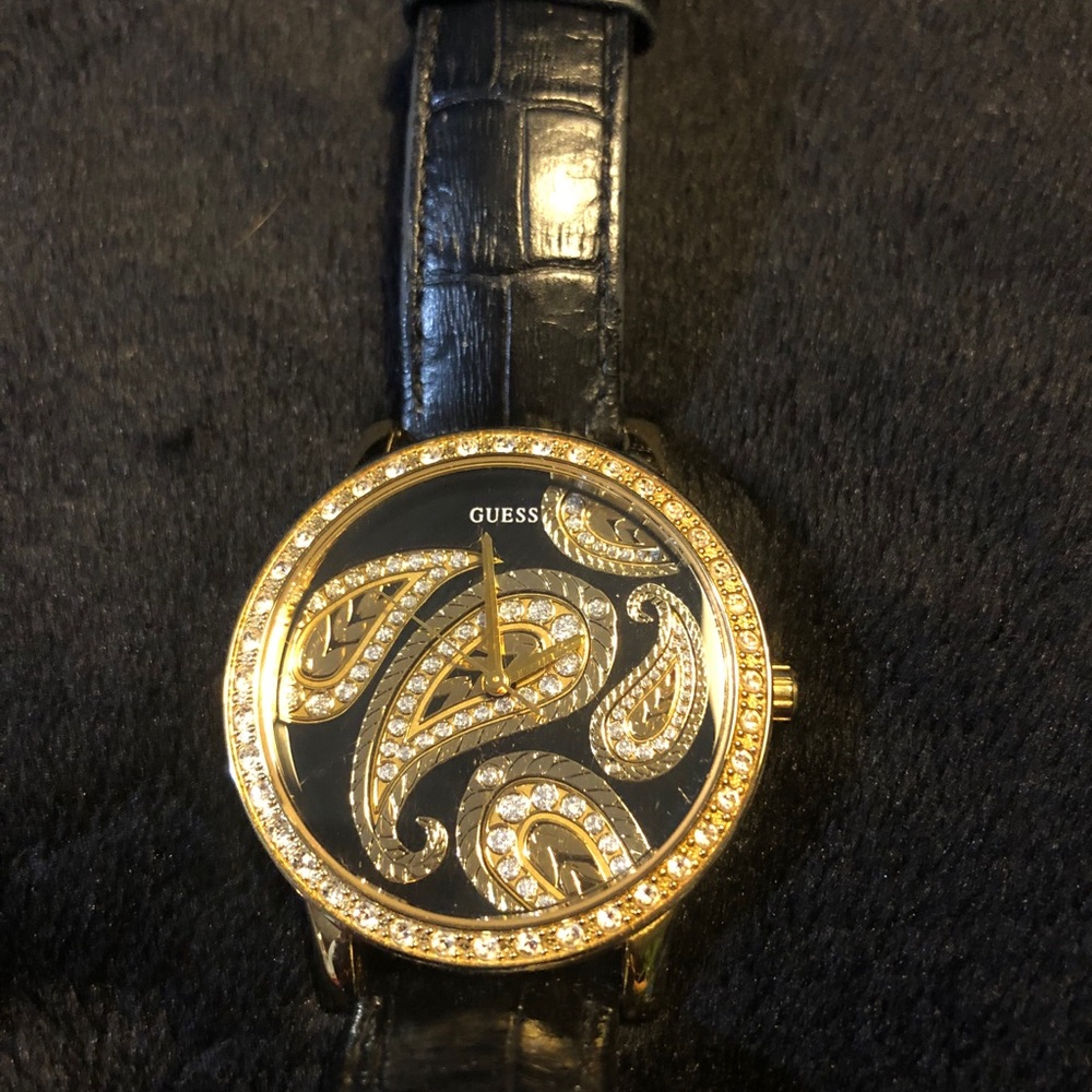 Black and gold GUESS leather strap watch